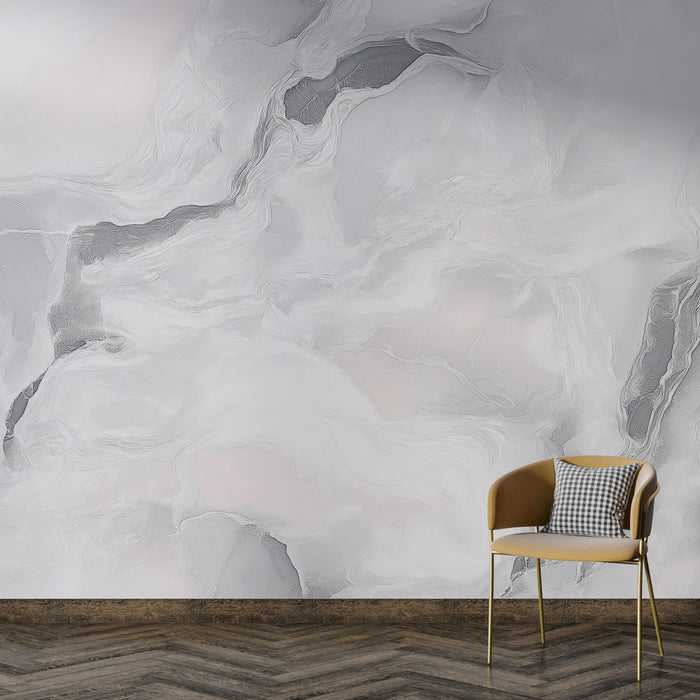 Une pièce élégante avec un papier peint marbré aux nuances de gris et blanc, créant une atmosphère moderne et apaisante.
