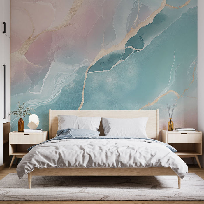 Une chambre moderne avec un papier peint abstrait aux teintes douces de rose et de bleu, rehaussé de touches dorées, créant une ambiance apaisante et élégante.