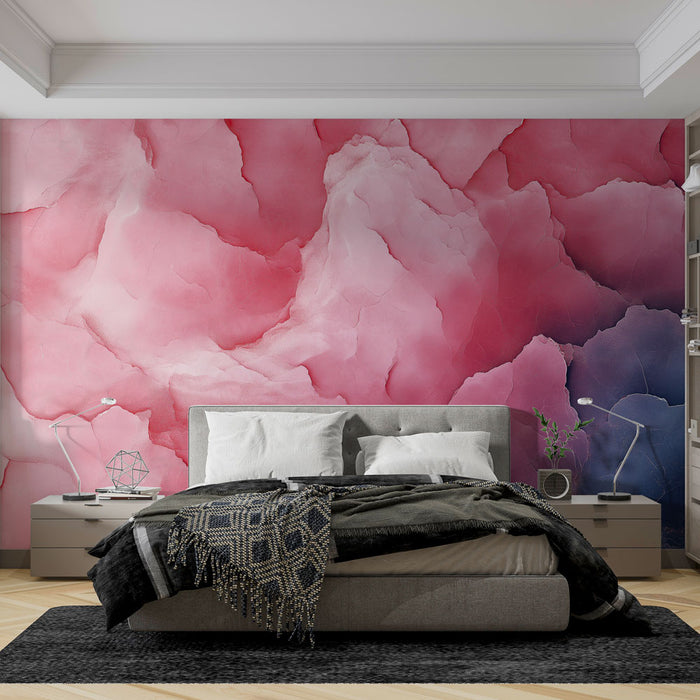 Une chambre moderne avec un papier peint aux dégradés de rose et violet, évoquant une atmosphère douce et apaisante.