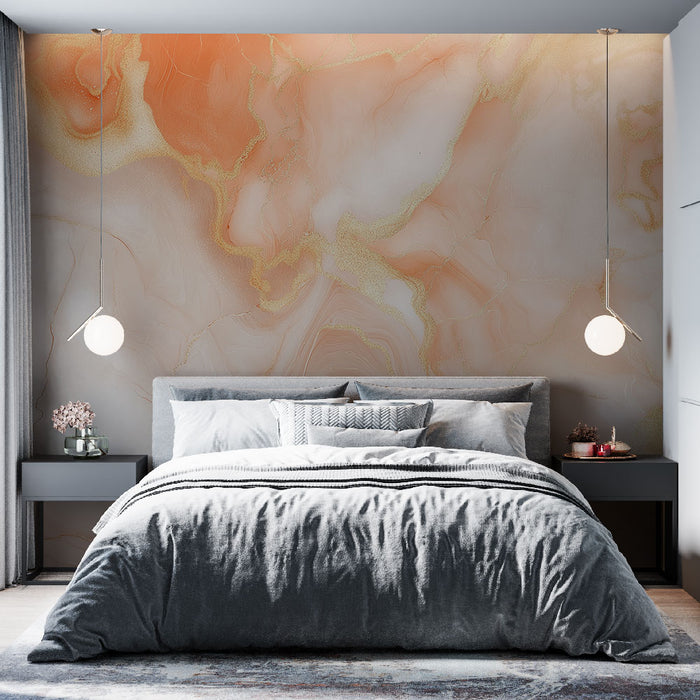 Une chambre moderne avec un papier peint aux motifs marbrés dans des teintes douces de rose et beige, créant une atmosphère apaisante et élégante.