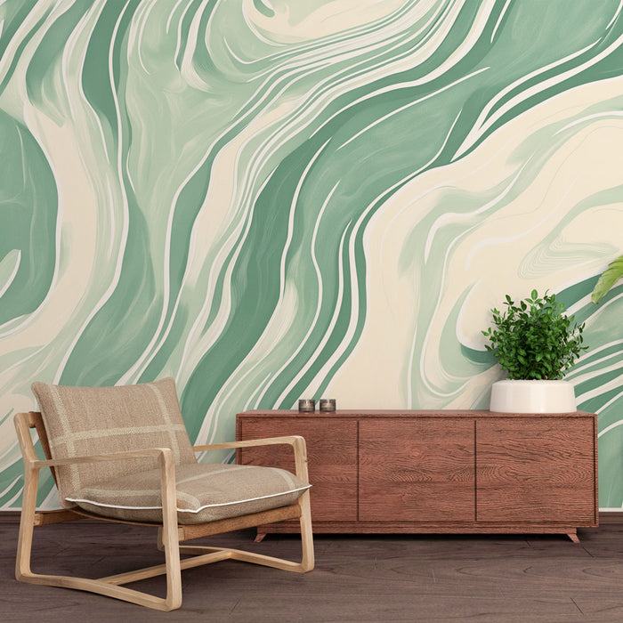 Papier peint marbre vert et crème avec motif fluide pour salon moderne et élégant