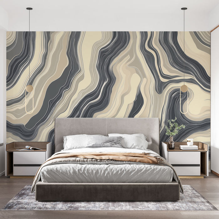 Papier peint marbre avec motif ondulant en tons de beige et noir pour chambre moderne