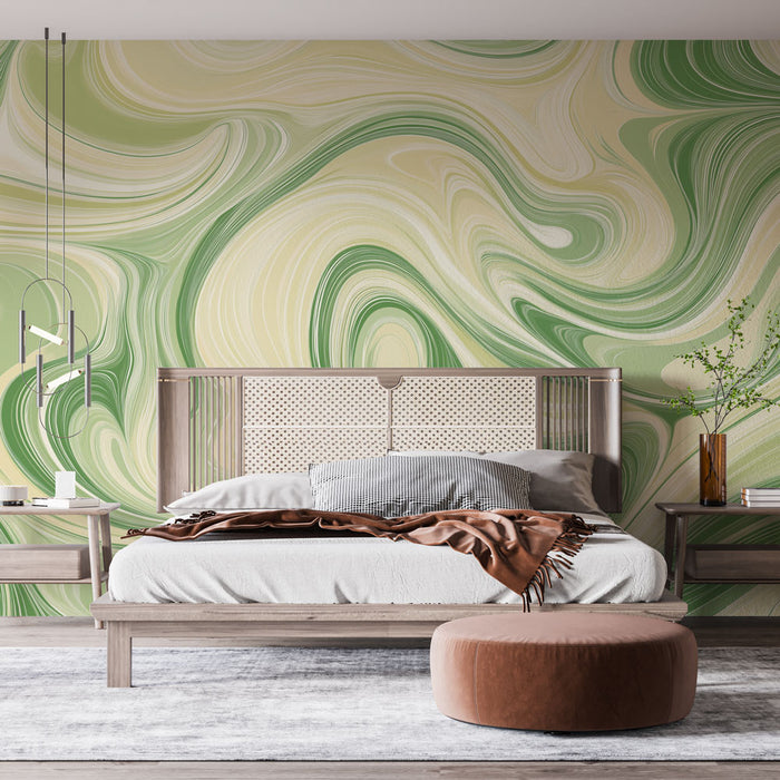 Papier peint marbre motif ondulé vert et crème pour chambre moderne et élégante