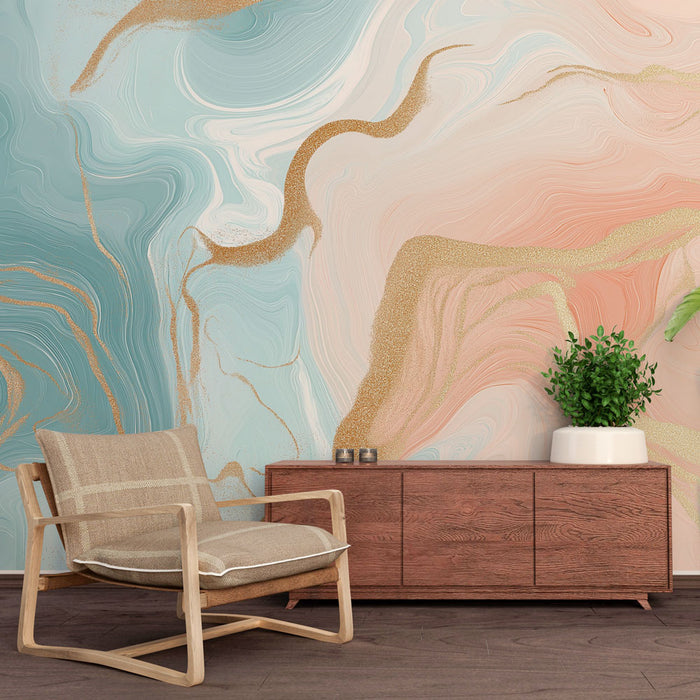 Une pièce moderne avec un papier peint aux motifs marbrés dans des teintes pastel de bleu et rose, rehaussé de touches dorées, créant une atmosphère élégante et apaisante.