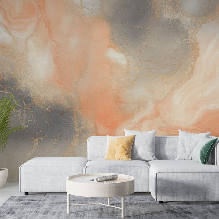 Une pièce moderne avec un papier peint aux nuances douces de rose, gris et or, créant une atmosphère élégante et apaisante.