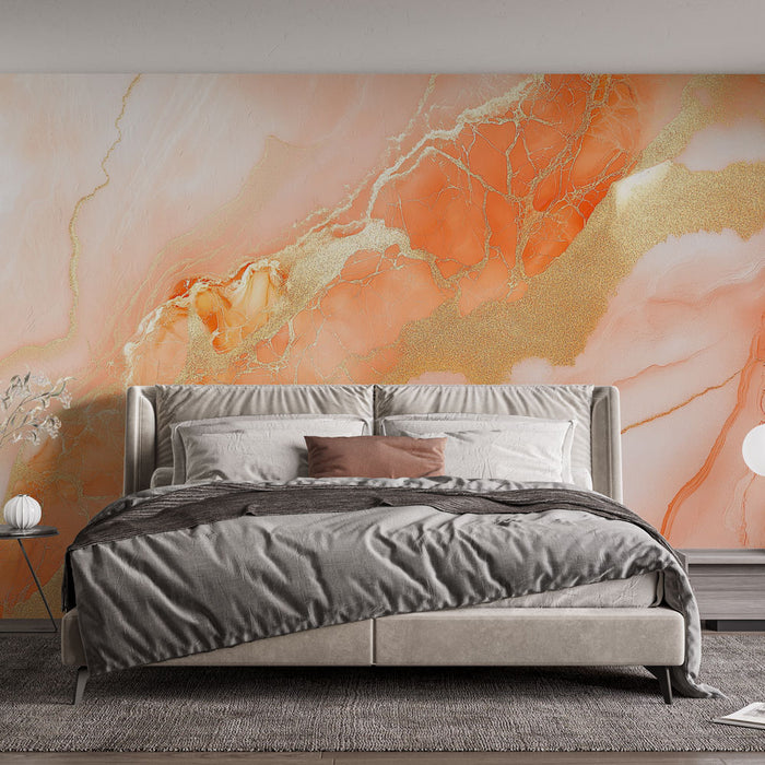 Une chambre moderne avec un papier peint aux nuances de rose et orange, rehaussé de veines dorées, créant une ambiance chaleureuse et élégante.