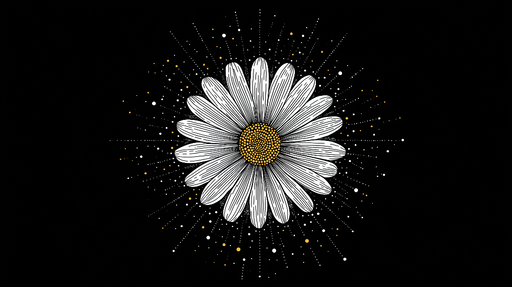 Papier peint marguerite Marguerite stylisée sur fond noir avec éclats dorés et blancs