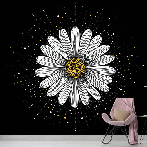 Une chambre moderne avec un papier peint représentant une grande marguerite blanche sur fond noir, créant une ambiance artistique et dynamique.