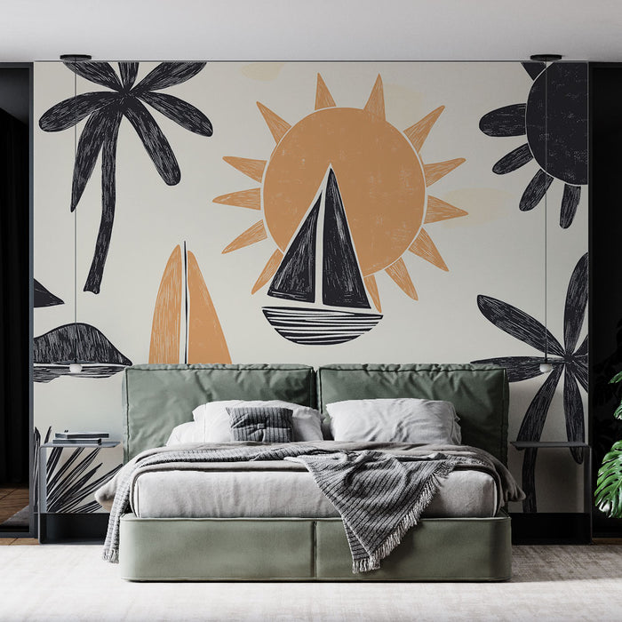 Papier peint marin avec motifs de bateaux et paysages côtiers abstraits pour chambre moderne