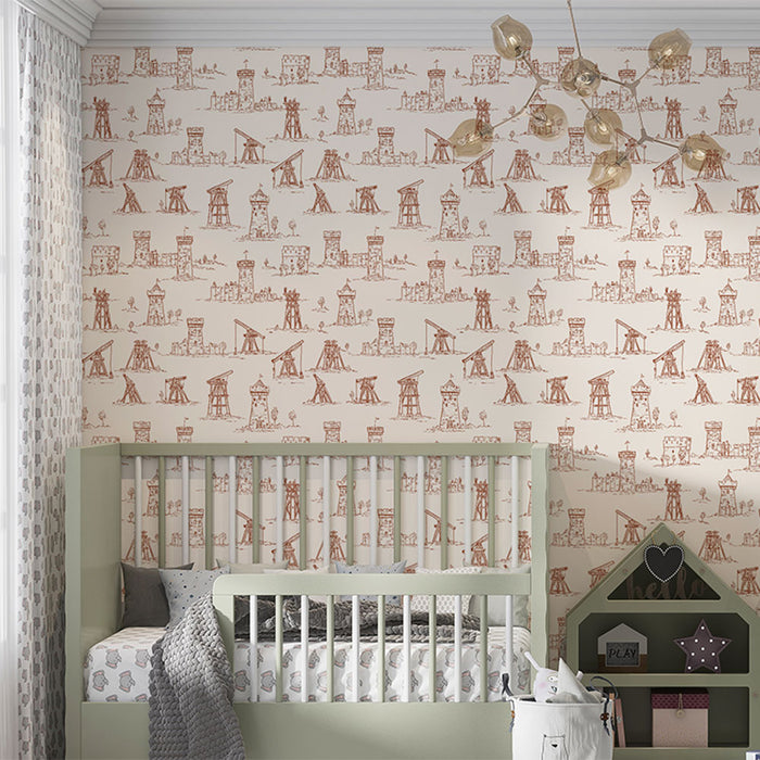 Une chambre d'enfant avec un papier peint illustré de motifs vintage en brun sur fond clair, représentant des châteaux et des scènes de travail, créant une ambiance ludique et chaleureuse.