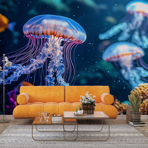 Papier peint design aquatique vibrant avec méduses et coraux colorés pour salon moderne