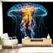 Papier peint design élégant avec méduse lumineuse sur fond noir pour salon moderne