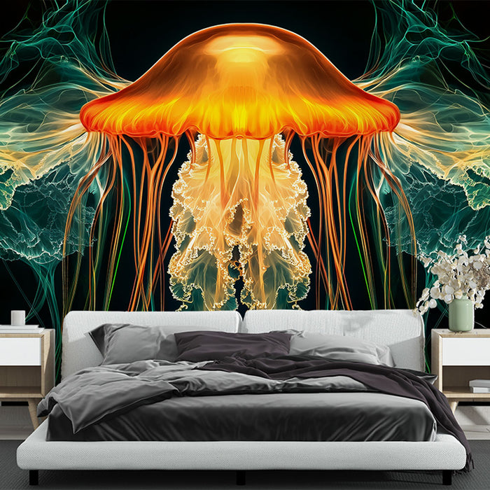 Papier peint méduse design lumineux et fluide inspiré de la mer pour chambre moderne.