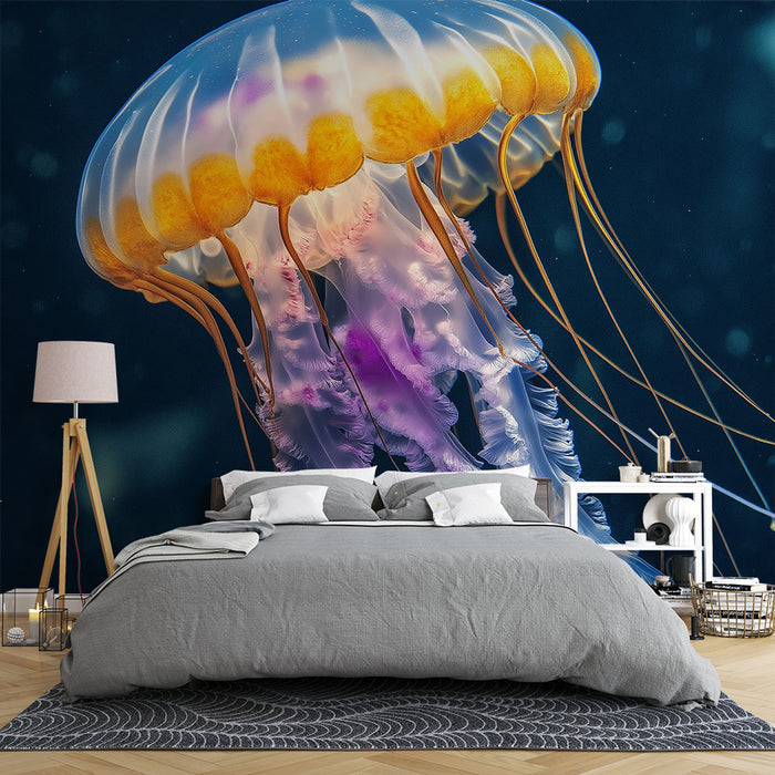 Papier peint méduse élégante avec méduse lumineuse sur fond océanique pour chambre moderne