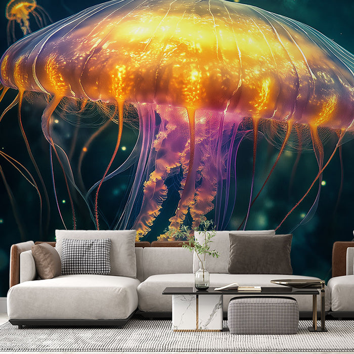 Papier peint aquatique coloré avec méduses lumineuses pour salon moderne.
