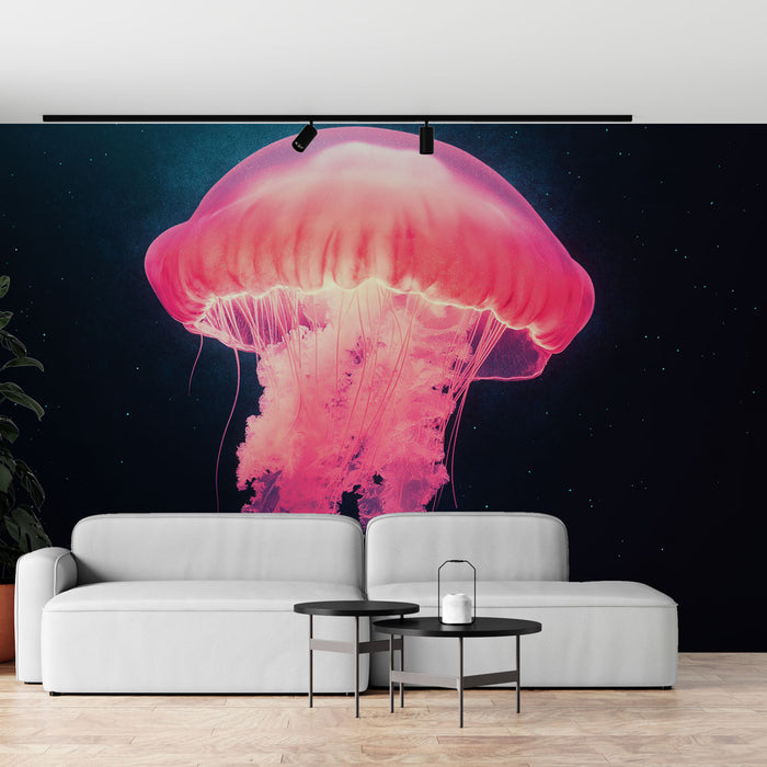 Papier peint artistique avec méduse rose lumineuse pour salon moderne