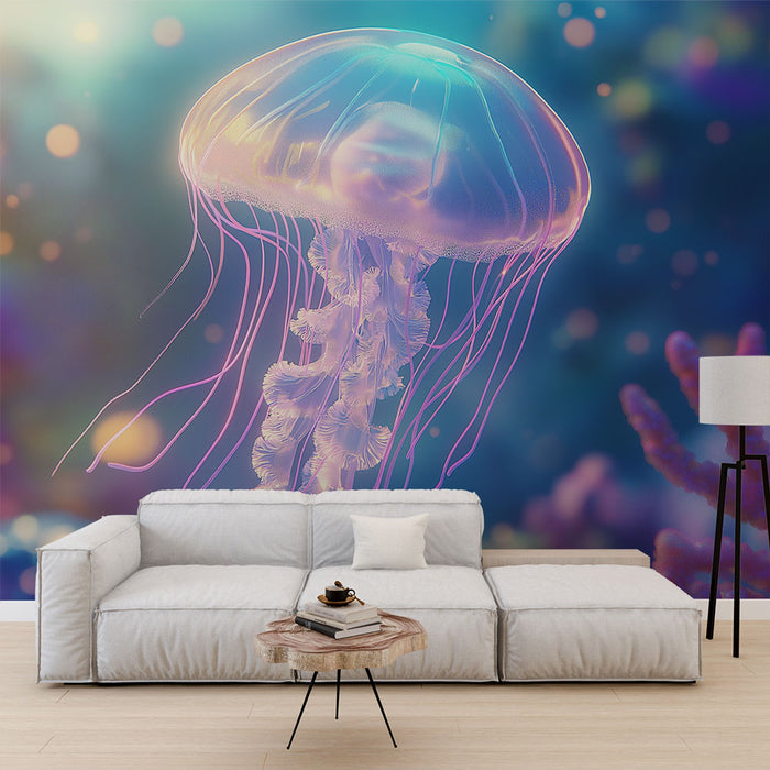 Papier peint méduse colorée dans un environnement sous-marin pour salon moderne