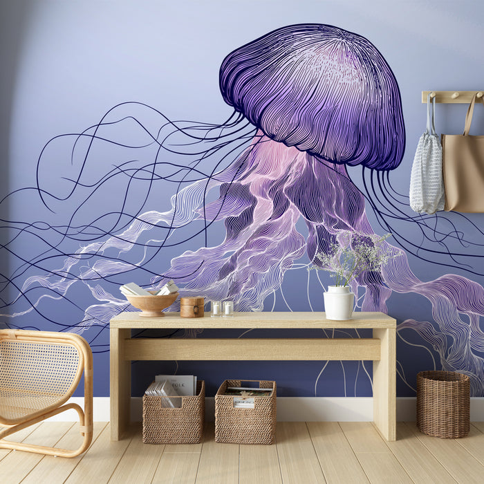 Une salle de séjour moderne avec un papier peint représentant une méduse stylisée dans des teintes violettes sur fond dégradé bleu, créant une ambiance apaisante et artistique.