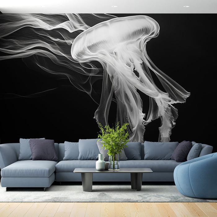 Papier peint méduse éthérée sur fond sombre pour salon moderne et élégant