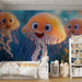 Papier peint chambre enfant avec méduses joyeuses et colorées dans un fond marin.
