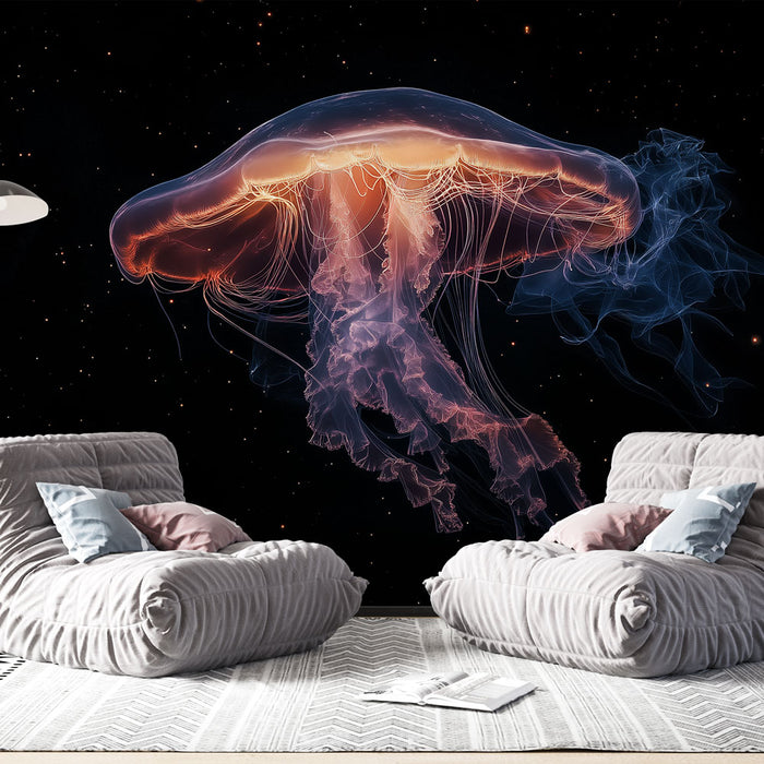 Papier peint méduse luminescente sur fond noir étoilé pour salon moderne