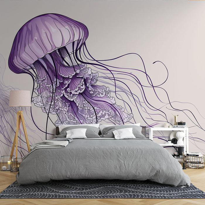 Une chambre moderne avec un papier peint représentant une méduse violette stylisée, créant une ambiance artistique et apaisante.