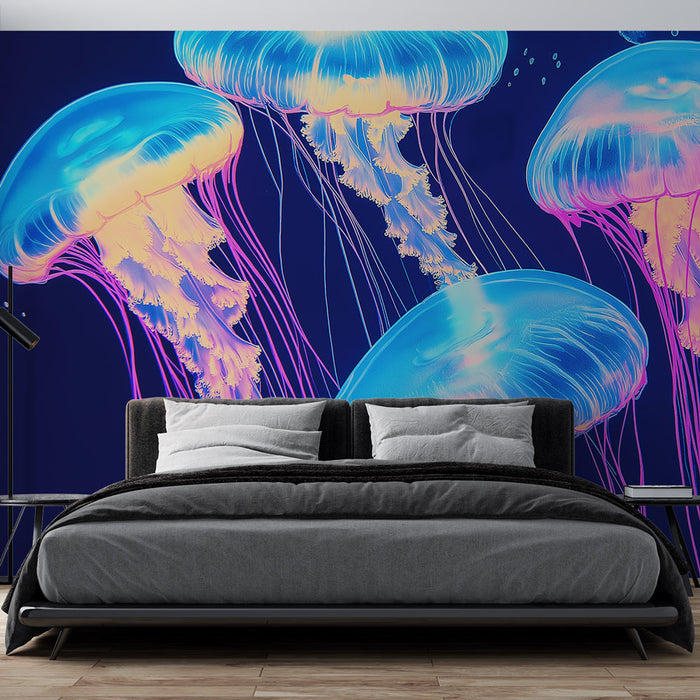 Papier peint méduse avec méduses colorées et luminescentes sur fond sombre pour chambre moderne