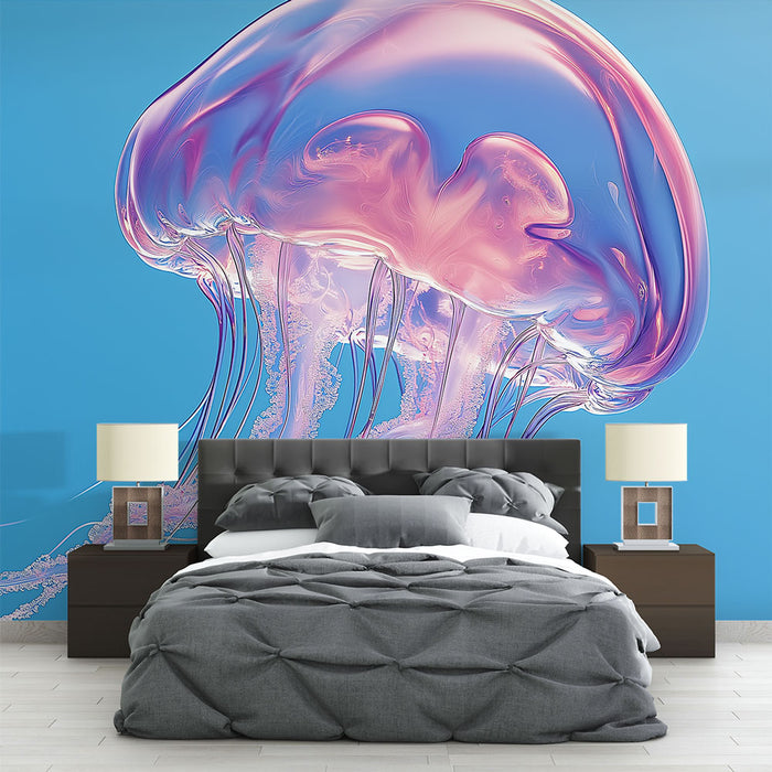 Papier peint méduse colorée sur fond aquatique apaisant pour chambre moderne