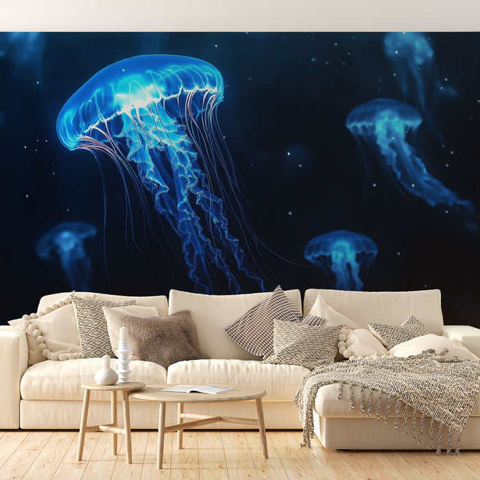 Papier peint océan profond avec méduses lumineuses pour salon moderne