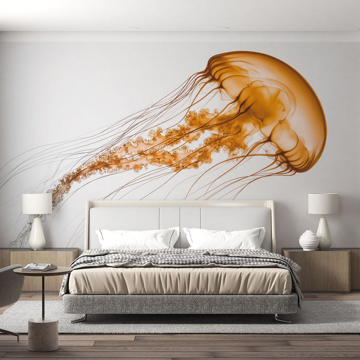 Papier peint méduse orange translucide sur fond blanc pour décoration murale moderne chambre adulte