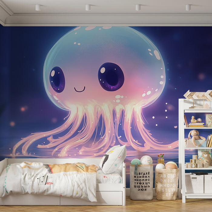 Papier peint méduse mignonne avec méduse stylisée dans des tons pastel pour chambre d'enfant ludique.