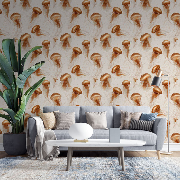 Un salon moderne avec un papier peint représentant des méduses aux teintes dorées sur fond clair, créant une ambiance marine et artistique.