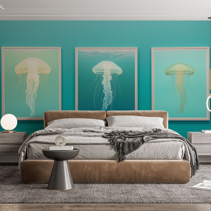 Une chambre moderne avec un papier peint turquoise mettant en valeur des illustrations de méduses aux teintes douces, créant une atmosphère apaisante et marine.