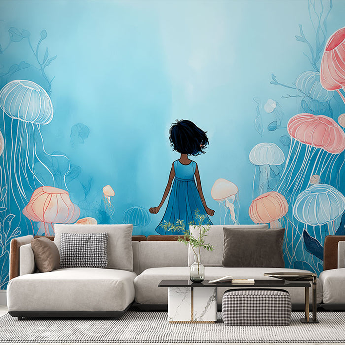 Un salon moderne avec un papier peint aquatique représentant une jeune fille face à des méduses colorées sur fond bleu, créant une atmosphère rêveuse et apaisante.