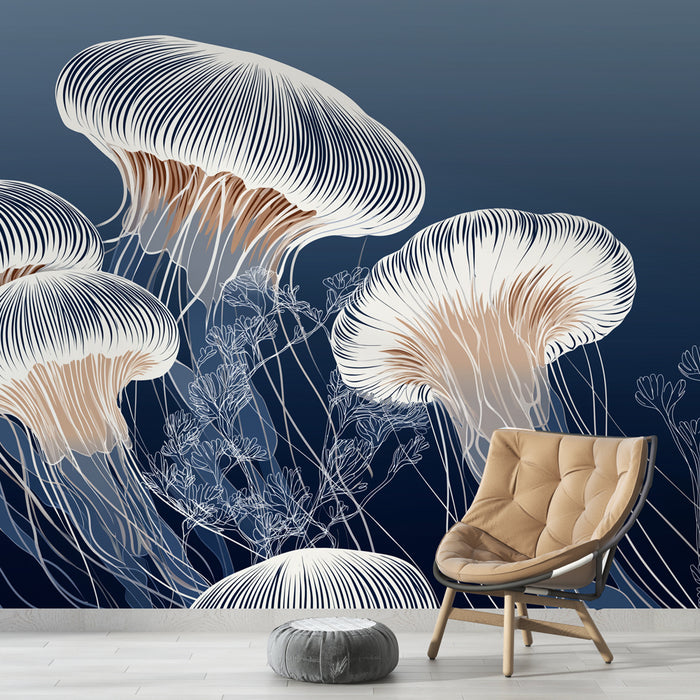 Une pièce moderne avec un papier peint représentant des méduses stylisées en blanc et beige sur fond bleu marine, créant une ambiance marine et apaisante.