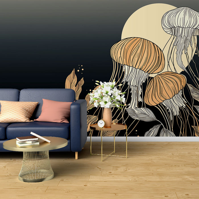 Un salon contemporain avec un papier peint noir illustrant des méduses dorées et des feuilles, créant une ambiance élégante et artistique.
