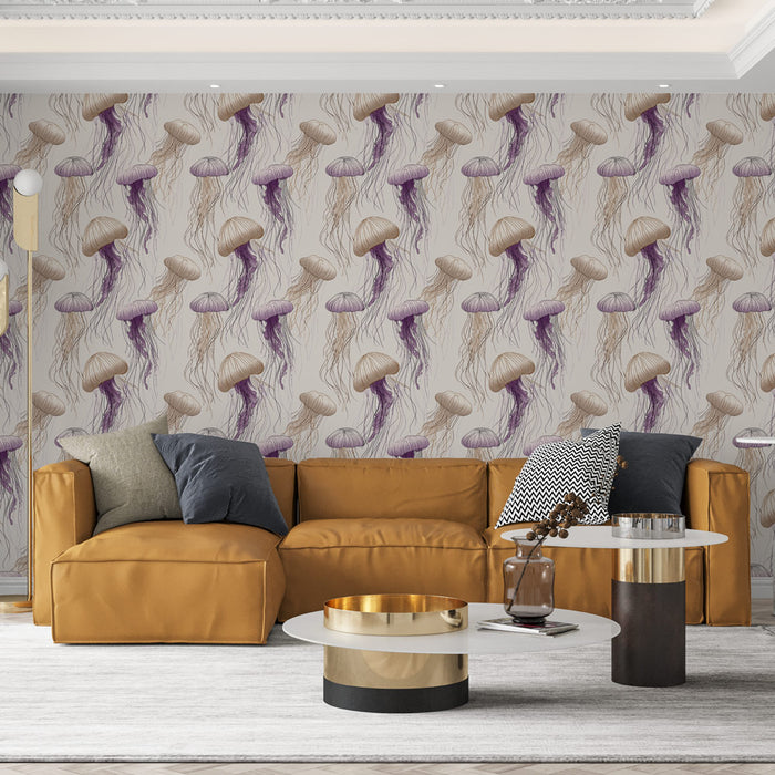 Un salon contemporain avec un papier peint illustrant des méduses aux teintes douces de beige et violet, créant une ambiance marine et apaisante.