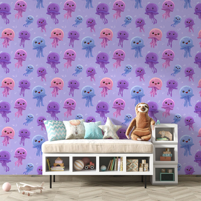 Une chambre enfantine avec un papier peint ludique représentant des méduses colorées sur fond violet, créant une atmosphère joyeuse et amusante.