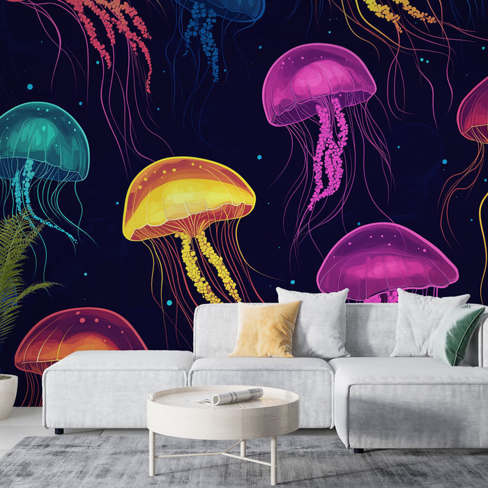 Papier peint méduse coloré avec motifs lumineux sur fond sombre pour salon moderne