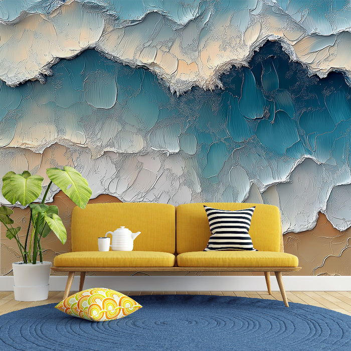 Une pièce moderne avec un papier peint texturé aux nuances de bleu et beige, évoquant des vagues apaisantes et une atmosphère sereine.