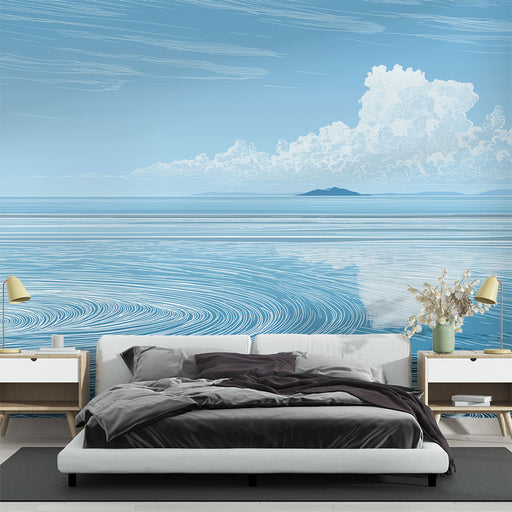 Une chambre moderne avec un papier peint représentant un paysage marin apaisant aux nuances de bleu, évoquant sérénité et tranquillité.