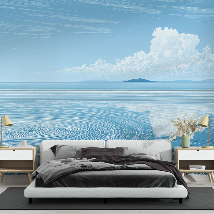Une chambre moderne avec un papier peint représentant un paysage marin apaisant aux nuances de bleu, évoquant sérénité et tranquillité.