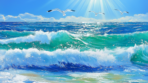 Papier peint mer Vagues stylisées et mouettes sous un ciel ensoleillé