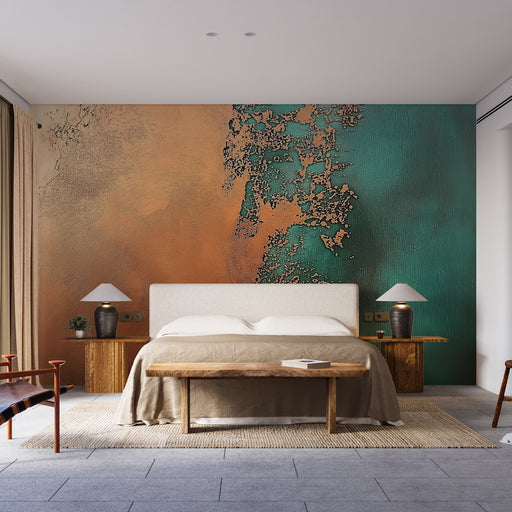 Papier peint abstrait cuivre et turquoise pour chambre moderne et élégante