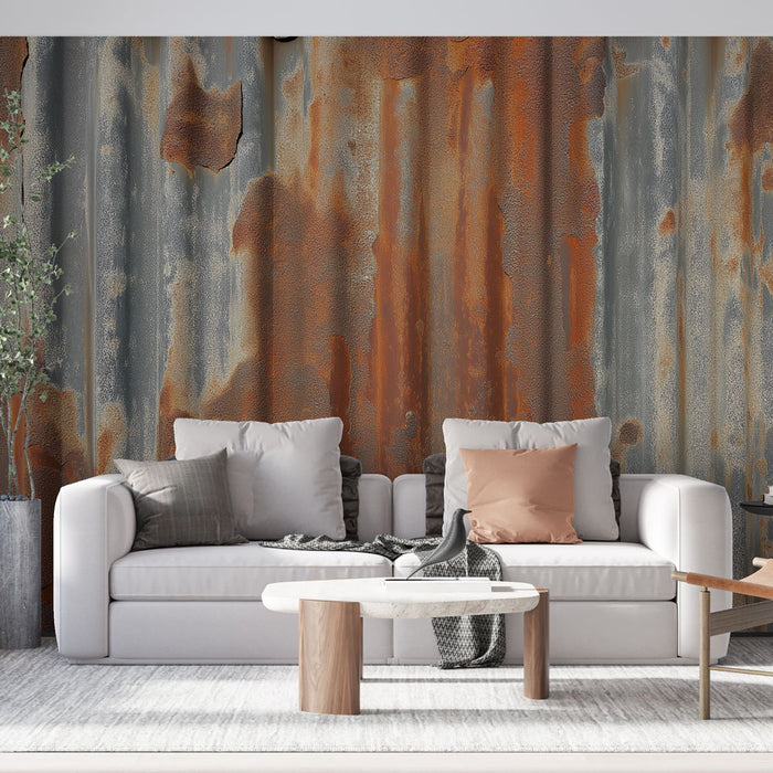 Un salon moderne avec un papier peint effet métal rouillé aux teintes grises et rouille, créant une ambiance industrielle et chaleureuse.
