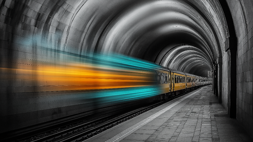 Papier peint métro dynamique Train en mouvement dans un tunnel monochrome