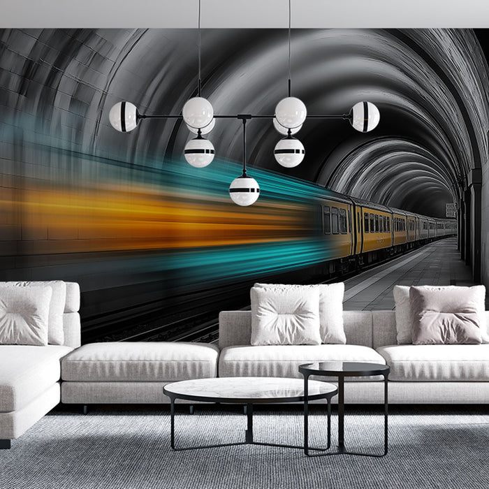 Un salon contemporain avec un papier peint représentant un tunnel de métro en noir et blanc, où un train vibrant aux teintes turquoise et orange évoque une atmosphère dynamique et urbaine.