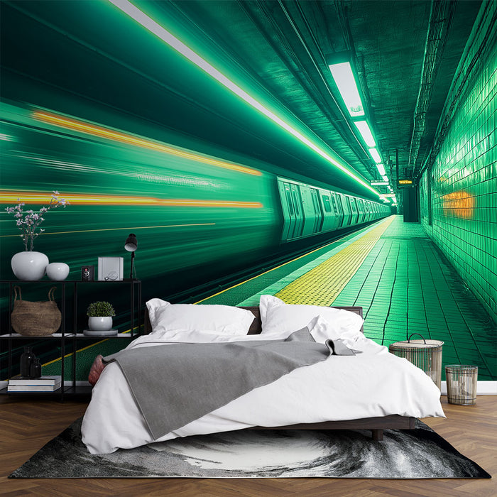 Une chambre moderne avec un papier peint représentant un tunnel de métro dynamique aux teintes vertes et jaunes, créant une atmosphère urbaine et énergique.