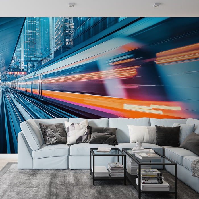 Un salon contemporain avec un papier peint dynamique représentant un train en mouvement, aux teintes bleues et orange, créant une ambiance urbaine et énergique.