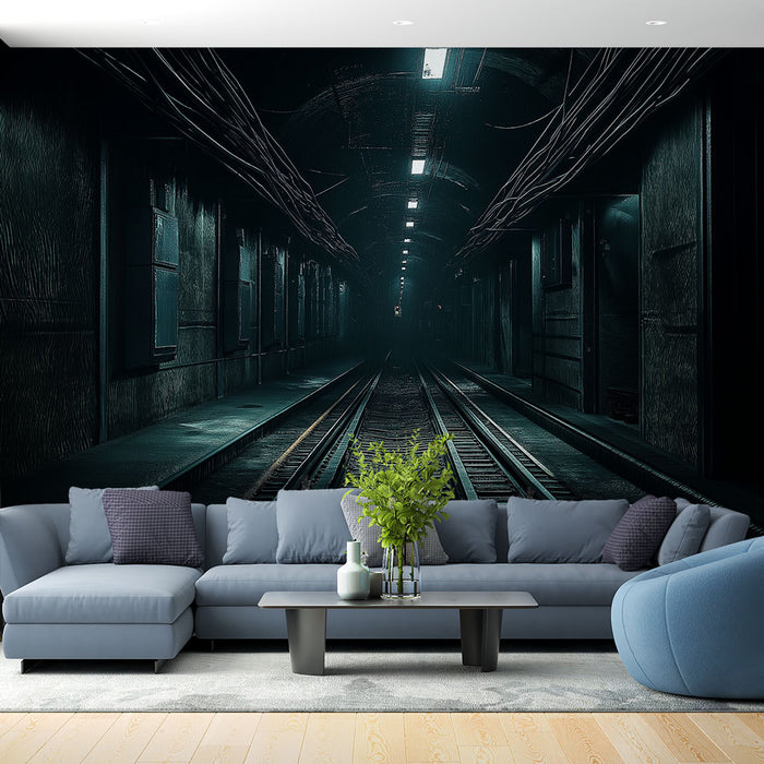 Un salon contemporain avec un papier peint représentant un tunnel sombre et mystérieux, évoquant une ambiance urbaine et intrigante.